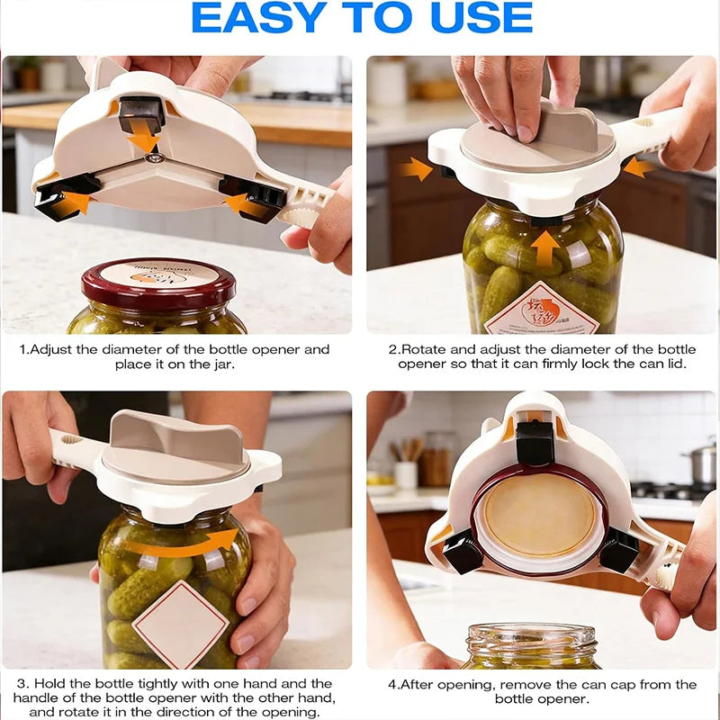 4-in-1, Jar Opener, Adjustable, Lid Remover, Ergonomic, Stainless Steel Grip.