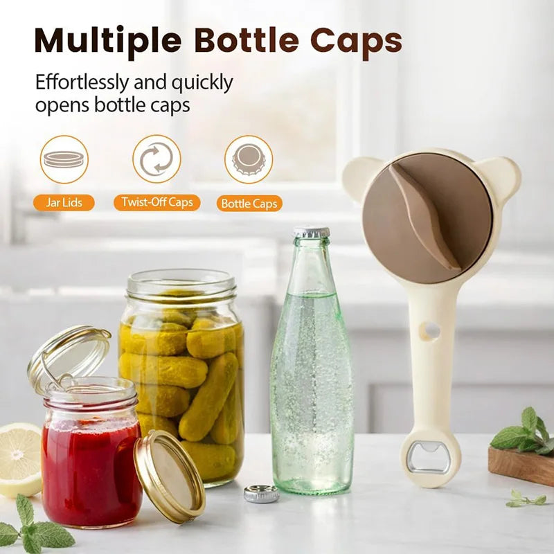 4-in-1, Jar Opener, Adjustable, Lid Remover, Ergonomic, Stainless Steel Grip.