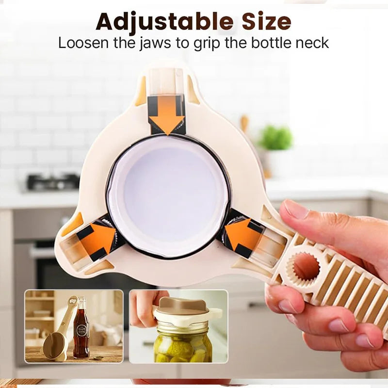 4-in-1, Jar Opener, Adjustable, Lid Remover, Ergonomic, Stainless Steel Grip.