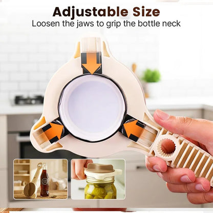 4-in-1, Jar Opener, Adjustable, Lid Remover, Ergonomic, Stainless Steel Grip.